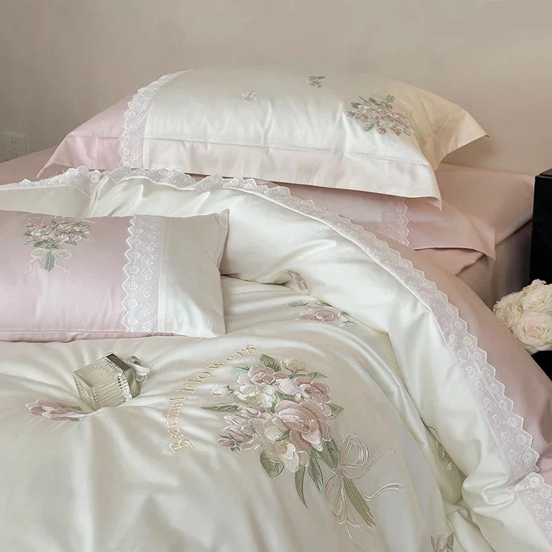 DecorBites™ Flowers Embroidery Lace Princess Bedding Set 1000TC Egyptian Cotton Duvet Cover Set