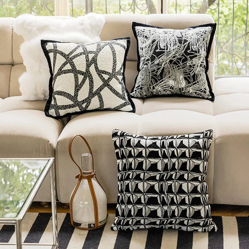 DecorBites™ Geometric Jacquard Embroidered Pillow Cover in Modern Minimalist Black and White Style