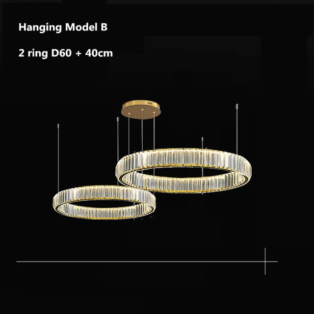 DecorBites™ Gold Crystal Round Ring Chandeliers with LED Pendant Light for Ceiling Lighting