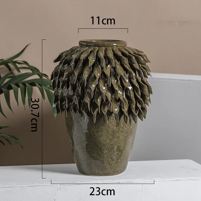 DecorBites™ Leaf Relief Ceramic Vase: Hand-made 3D Floral Arrangement Pot