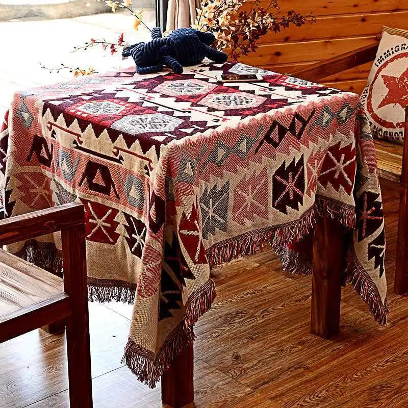 DecorBites™ Knitted Cotton Throw Blanket with Tassel - Geometric Bohemian Design