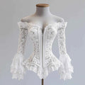 Off Shoulder Lace Blouse for Women Flare Sleeve Zipper Fly Solid Elegant Chic Hollow Out Long Sleeve Irregular Hem