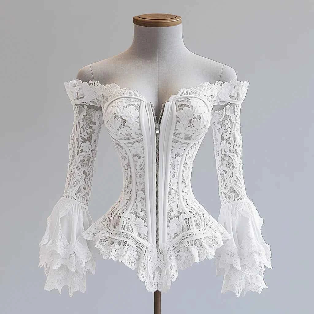 Off Shoulder Lace Blouse for Women Flare Sleeve Zipper Fly Solid Elegant Chic Hollow Out Long Sleeve Irregular Hem