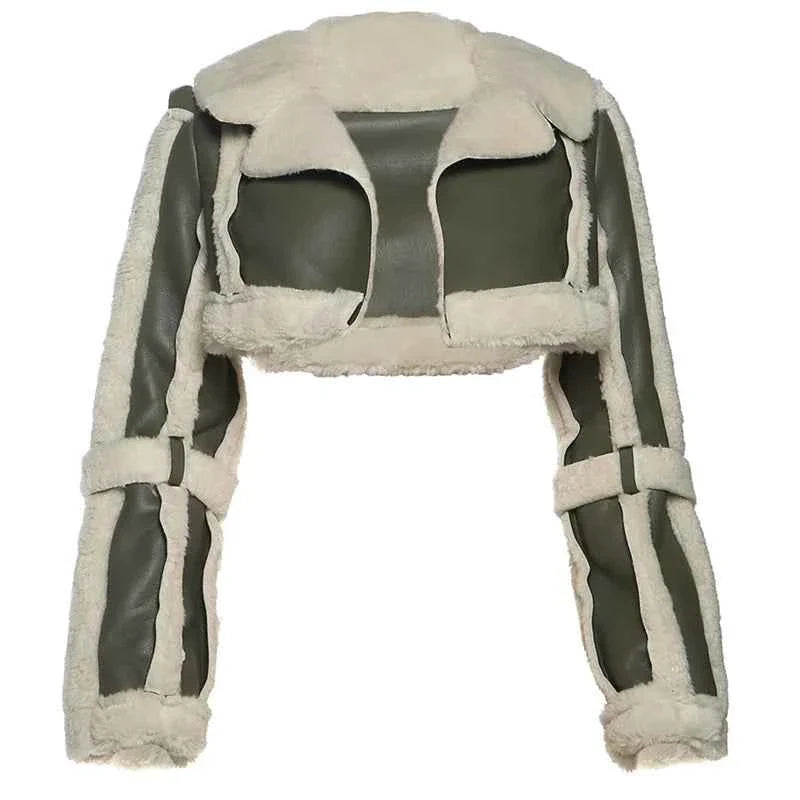 Furry Patchwork Women's Crop Jacket Warm Outwear Basic