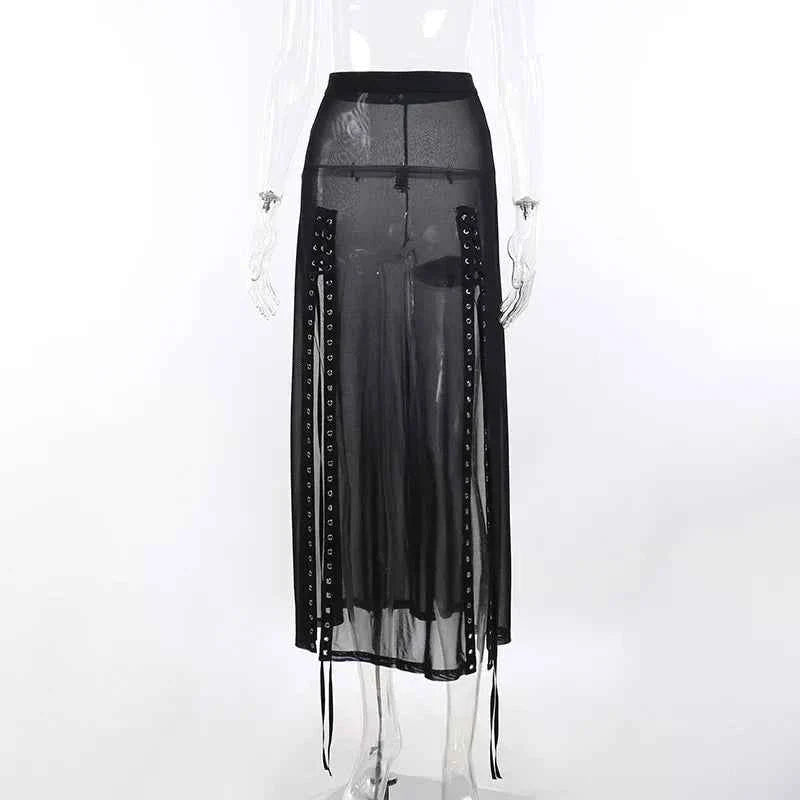 Goth Mesh Side Slit Skirt Lace Up