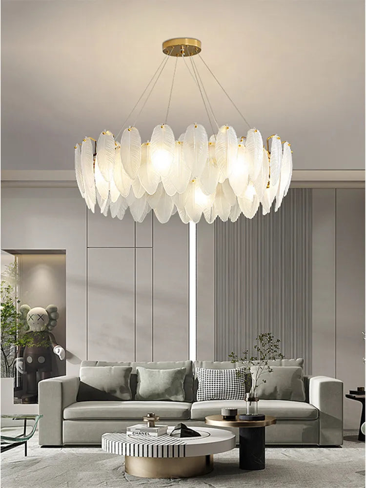 DecorBites™ Glass Feather Chandelier: Luxury Art Decor Ceiling Chandelier for Living Dining Room