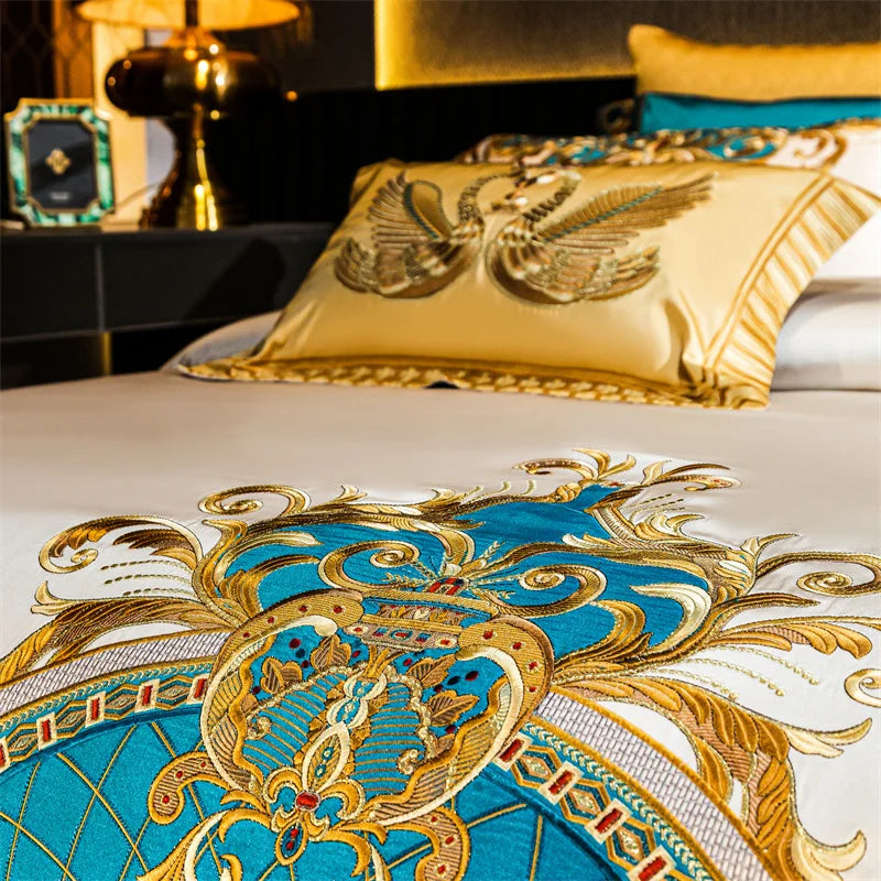 DecorBites™ Embroidered Gold Blue Brocade Cotton Bedding Set with Duvet Cover, Sheets, Pillowcases