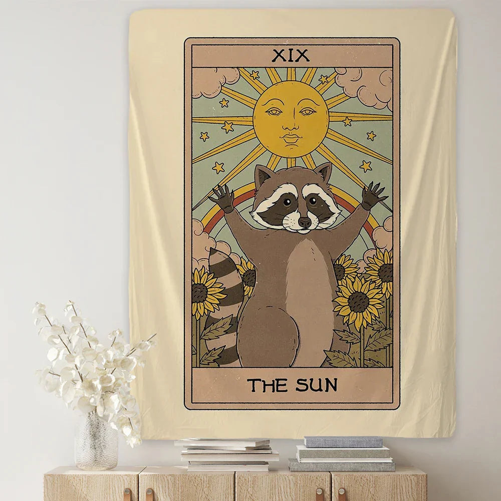 DecorBites™ Cute Raccoon Tarot Card Tapestries: Boho Mystery Art for Hippie Home Decor