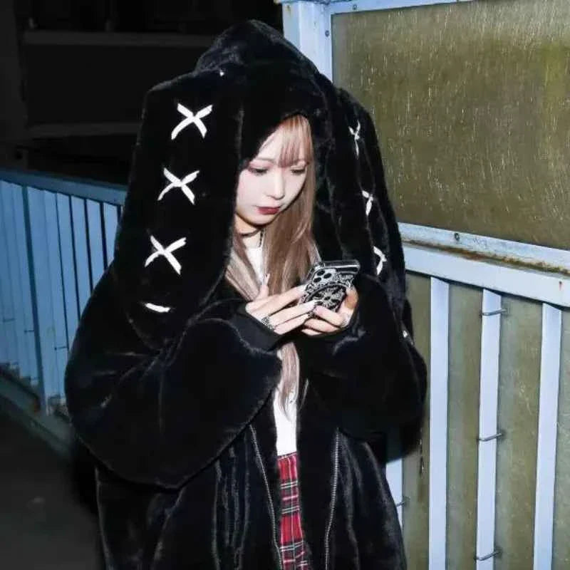 Women's Sweatshirts Rabbit Ears Punk Black Easter Collection Thickened Furry Zipper Oversized Y2k