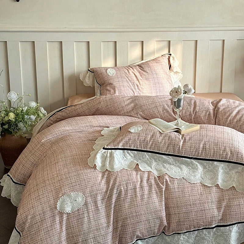 DecorBites™ French Lace Ruffles Lattice Bedding Set 1000TC Egyptian Cotton Duvet Cover Sheets Pillows