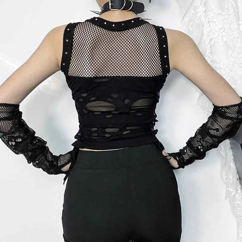 Gothic Crop Top T-Shirt for Women Sexy Fishnet Backless Steampunk