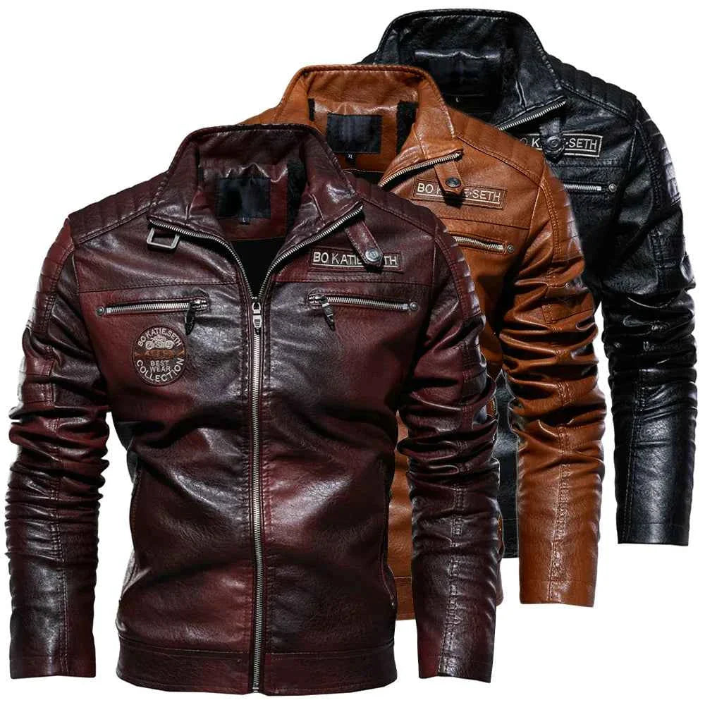 Leather Coat Men Winter Fleece Motorcycle Faux Leather  Removable Fur Collar