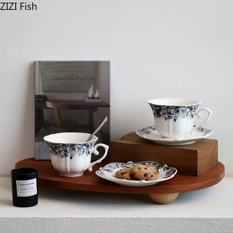 DecorBites™ Grey Blue Rose Ceramic Cup & Saucer Set, Classical Mugs for Dining Table and Coffee Mug