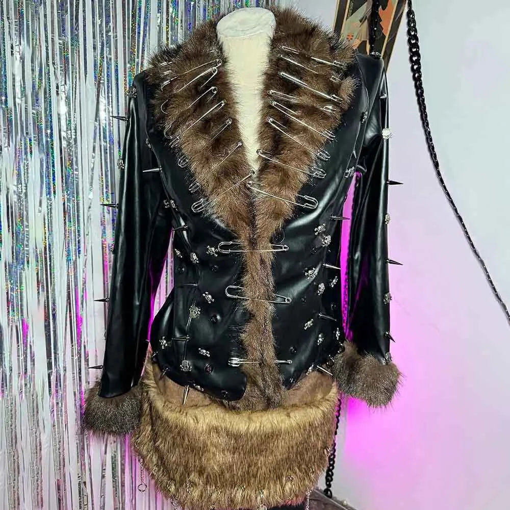 Grunge Goth Hand Made Punk Rock Studded Y2K Vegan Leather Faux Fur Jacket Pin