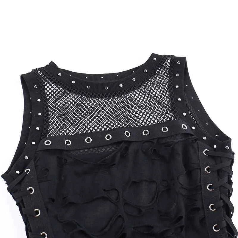 Gothic Crop Top T-Shirt for Women Sexy Fishnet Backless Steampunk