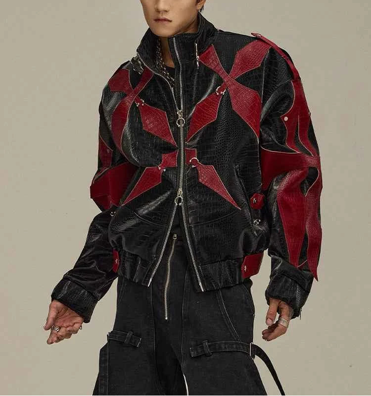 High Quality Crocodile Patchwork Pu Leather Coat Luxury Streetwear Men's Gothic Urban