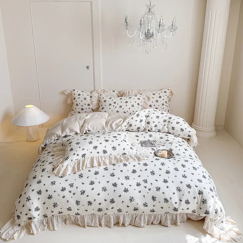 DecorBites™ French Lace Ruffles Floral 100% Cotton Bedding Set with Duvet Cover, Sheet, Pillowcases