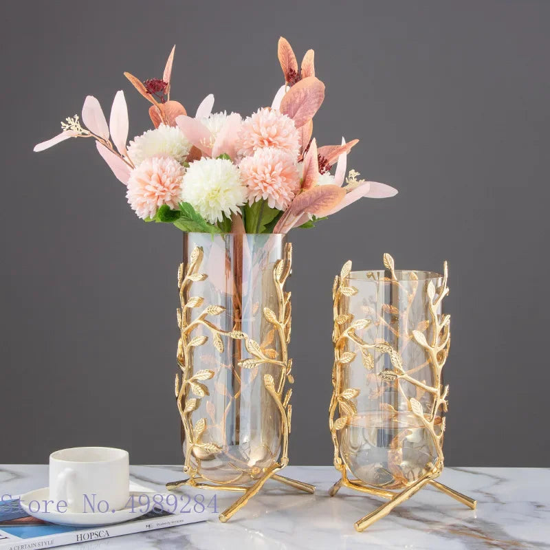DecorBites™ Gold Frame Glass Vase with Rattan Branches for Home Decor & Flower Arrangement