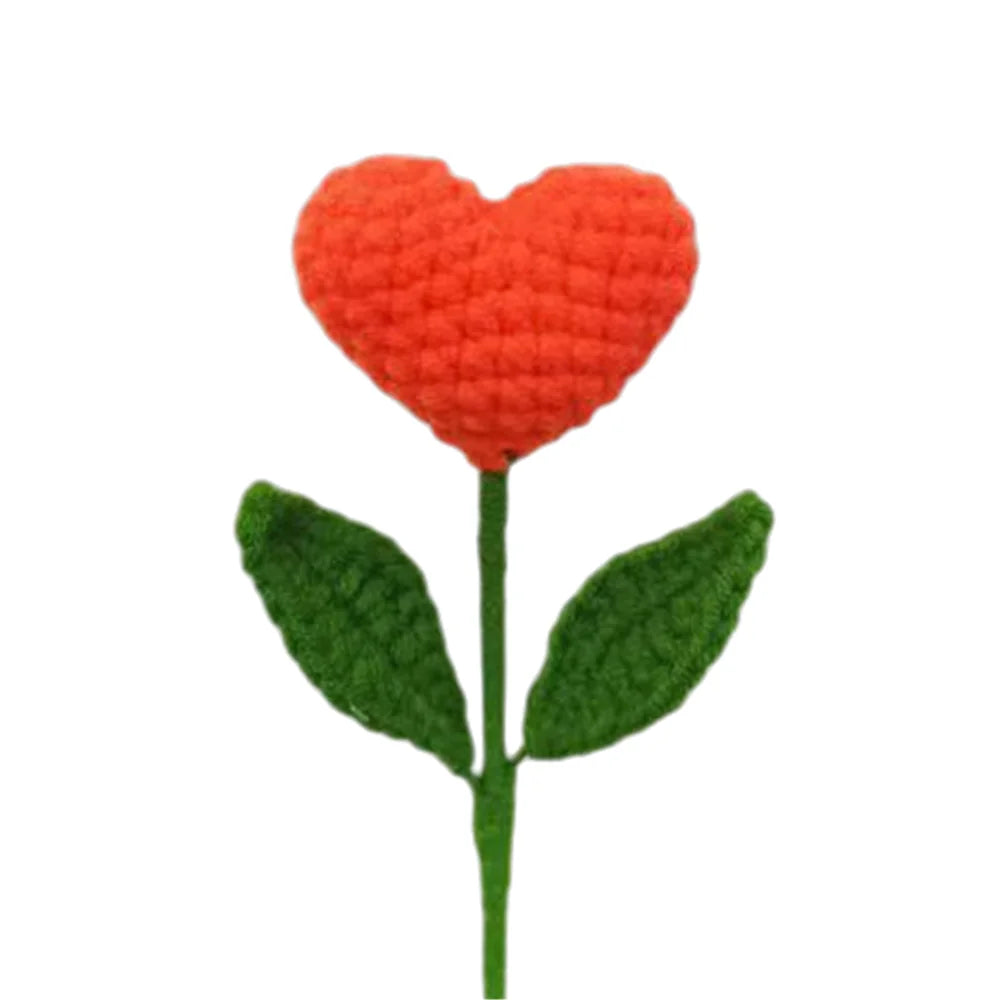 DecorBites™ Hand Woven Love Heart Yarn Crochet Flower Bouquet with Green Leafy Branch