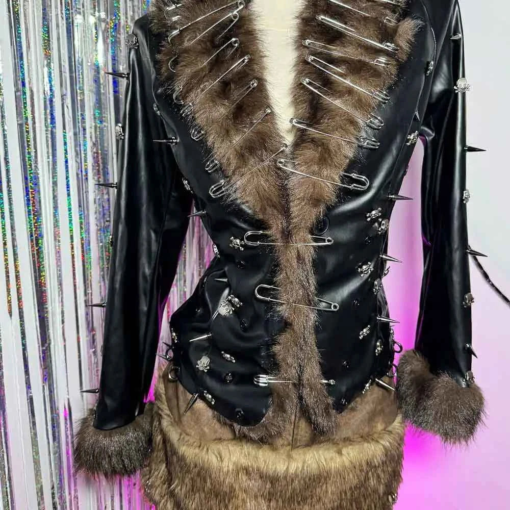 Grunge Goth Hand Made Punk Rock Studded Y2K Vegan Leather Faux Fur Jacket Pin
