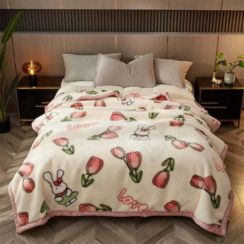 DecorBites™ Cozy Flocked Raschel Blanket | Soft & Warm Double-Sided Winter Bedding