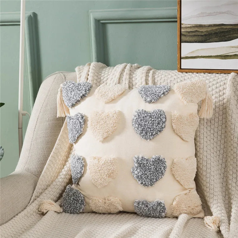 DecorBites™ Heart Embroidery Cushion Cover 45x45cm Orange Grey Geometric Pillowcase