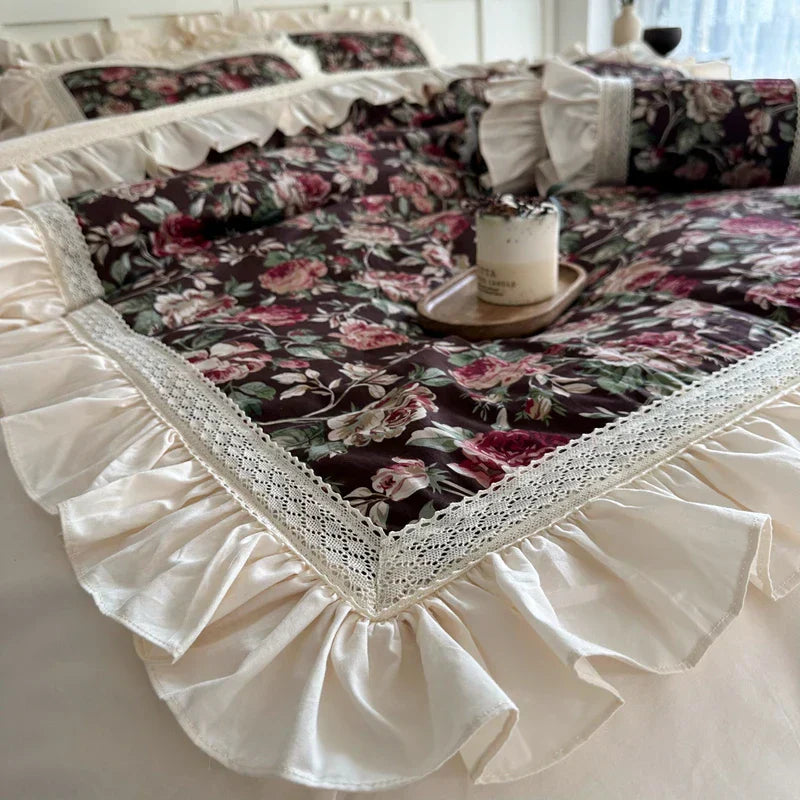 DecorBites™ French Rose Flowers Pattern Bedding Set, 100% Cotton, Ruffles, Duvet Cover, Bed Skirt