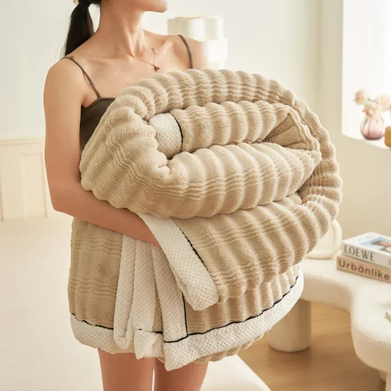 DecorBites™ Cozy Rabbit Plush Blanket: Soft Striped Warm Sofa Throw, Absorbent Breathable Nap Blanket