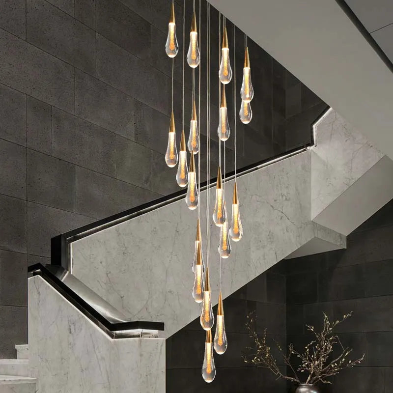 DecorBites™ Crystal Tear Drop Chandelier: Gold LED Pendant Light for Villa Staircase and Living Room