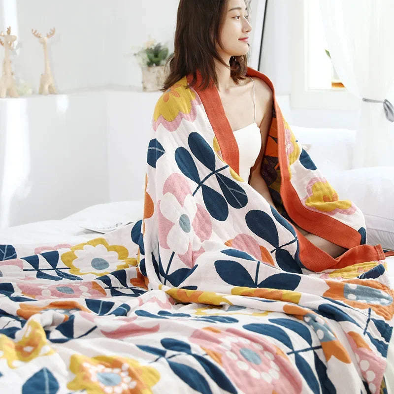 DecorBites™ Japanese Cotton Gauze Flower Blanket: Soft and Breathable Summer Throw