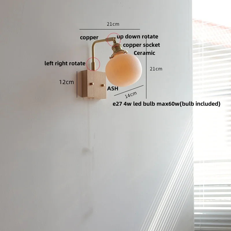 DecorBites™ Globe Ceramic LED Wall Lights Walnut Wood Sconce Rotatable Bedside Lamp