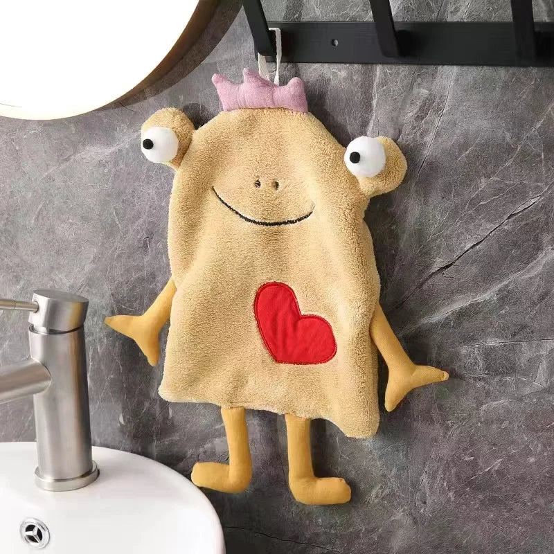 DecorBites™ Frog Design Hand Towel - Soft Coral Velvet, Kids Friendly, Absorbent & Multipurpose