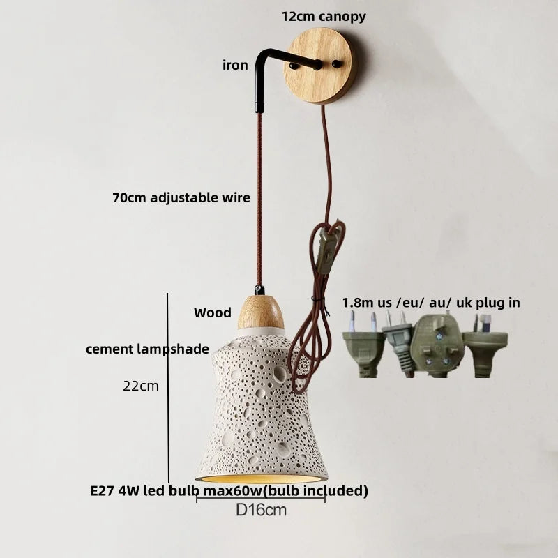 DecorBites™ Adjustable Wall Lights Pull Chain Switch Wood Socket Cement Modern Bedside Lamp