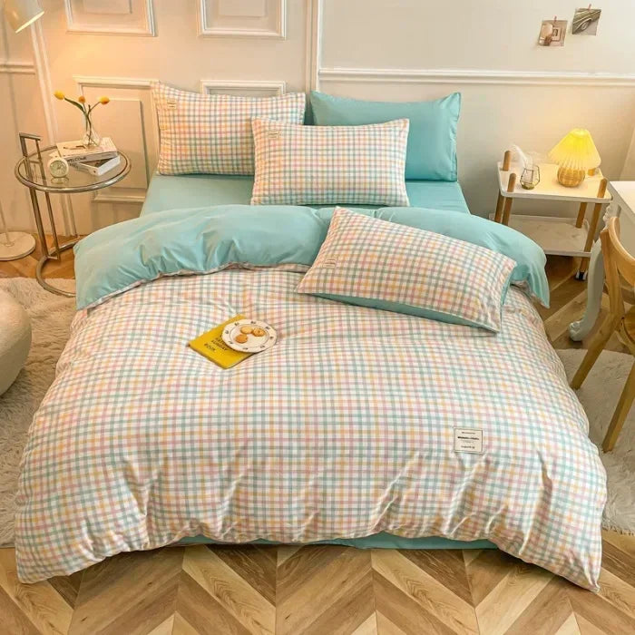 DecorBites™ Japanese Grid Print Bedding Set for All Seasons, Queen/King Size Quilt Cover