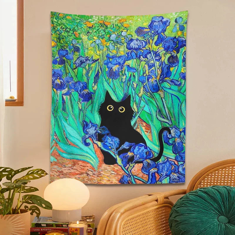 DecorBites™ Irises Cat Tapestry: Van Gogh Inspired Black Cat Art & Floral Print
