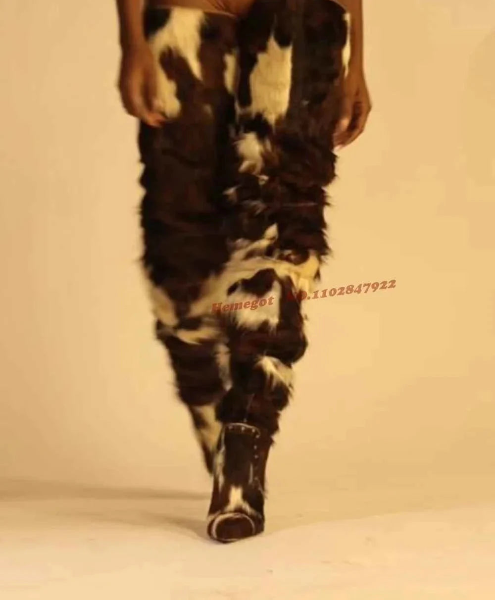 Horsehair Patchwork Thigh High Boots Rivet Stiletto Fur Pointy Toe Women's Boots