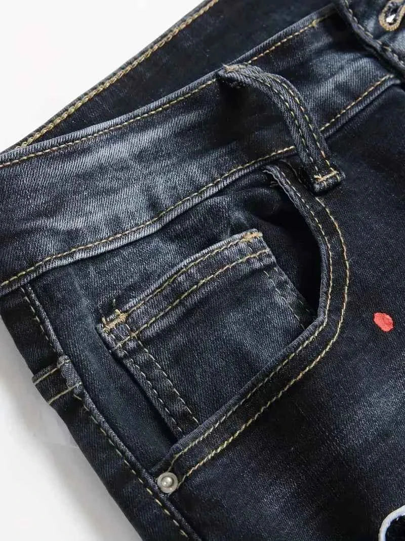 Men's Y2K Stretchy Denim Pants Ripped Skinny Letter Print elastic waist Casual pants