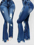 Women's Custom Made High Waisted Ripped Flared Jeans with Beads, Elastic Denim Street Style