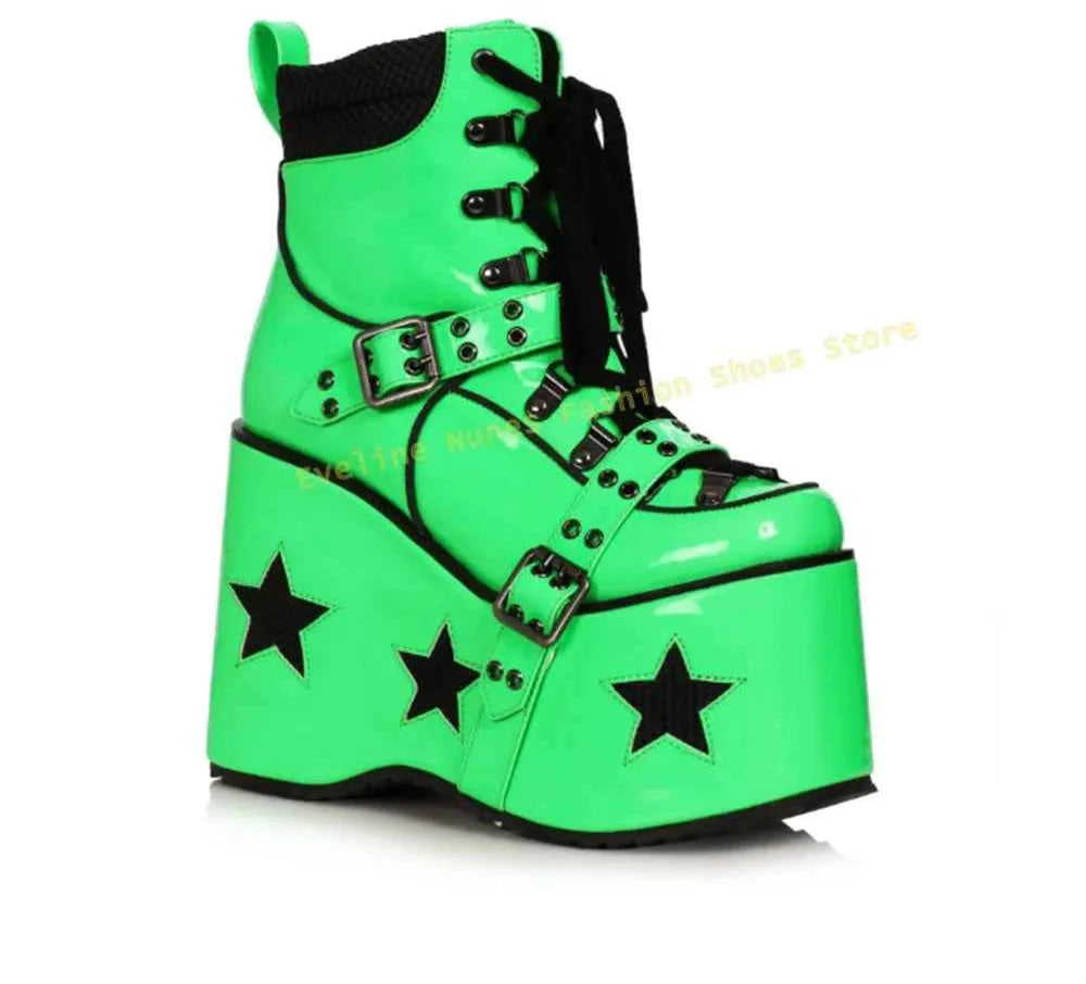 Green Spaced Out Platform Boots Round Patchwork Women Cyberpunk