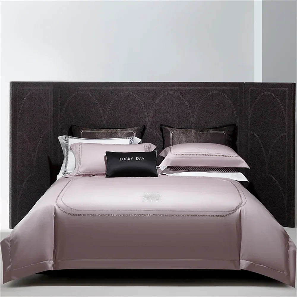 DecorBites™ Cotton Satin Jacquard Embroidery Bedding Set with Elastic Sheet & Duvet Cover