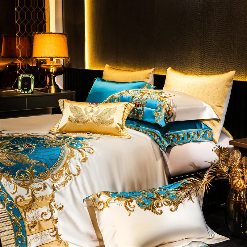 DecorBites™ Embroidered Gold Blue Brocade Cotton Bedding Set with Duvet Cover, Sheets, Pillowcases