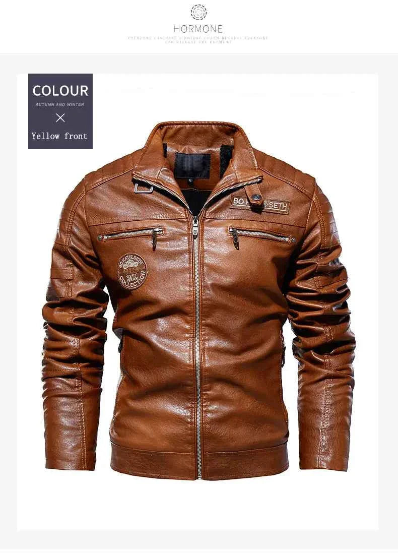 Leather Coat Men Winter Fleece Motorcycle Faux Leather  Removable Fur Collar