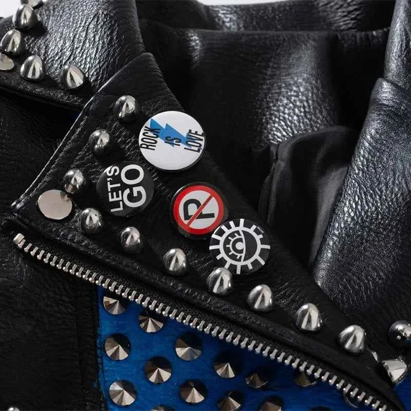 Faux Leather Jacket for Women Graffiti Print Punk Studded Slim Cropped Motorcycle Jackets