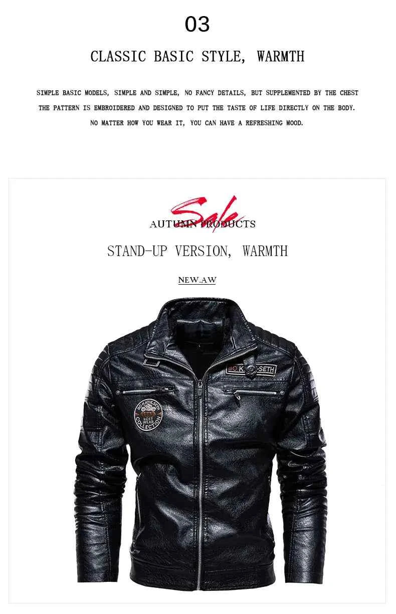 Leather Coat Men Winter Fleece Motorcycle Faux Leather  Removable Fur Collar