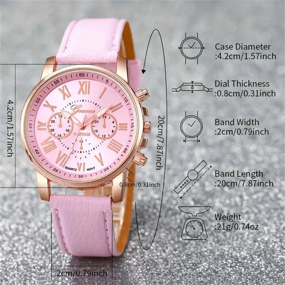 6-Piece Women's Quartz Watch Set — Leather Bands, Heart Rhinestone Analog Watches, 42mm (1.65in) Dial