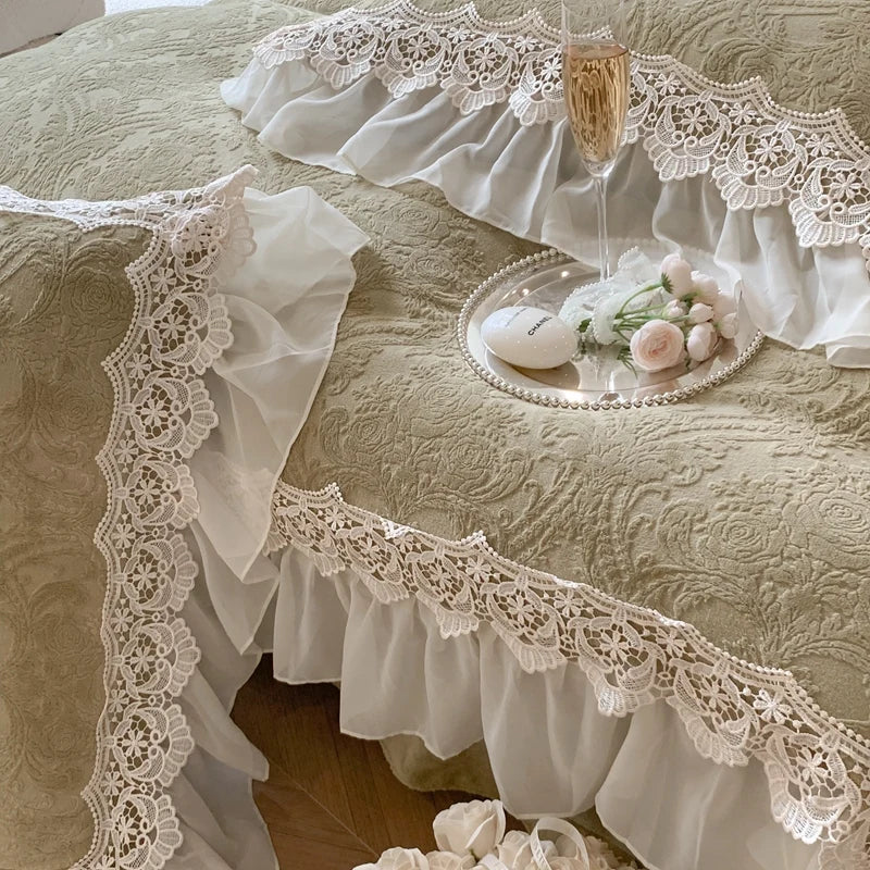 DecorBites™ French Lace Ruffles Velvet Bedding Set, Furry Duvet, Sheet, Pillowcases