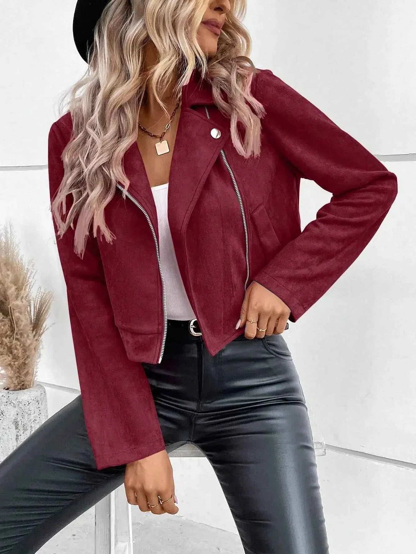 Faux Suede Women's Bomber Jacket Zipper