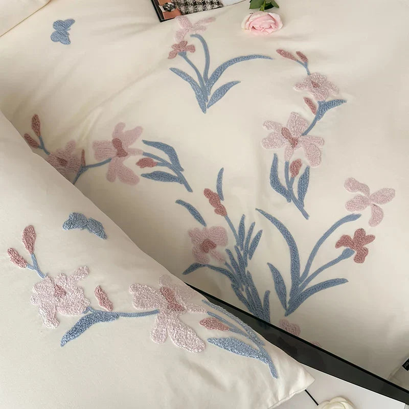 DecorBites™ Elegant Flower Embroidery Cotton Bedding Set - Single Queen King Sizes