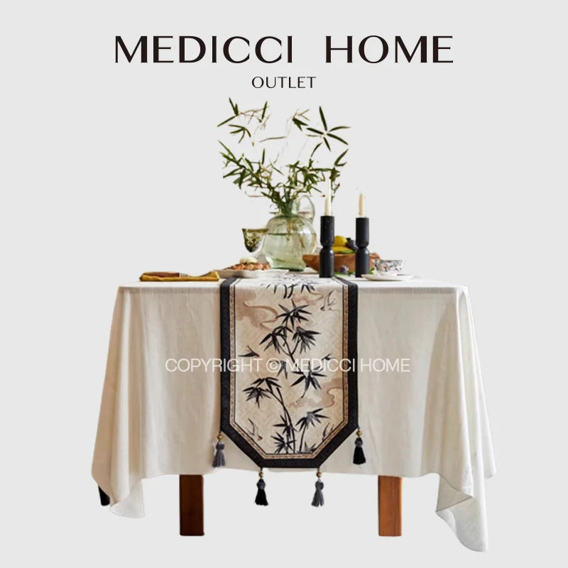 DecorBites™ Bamboo Leaf Swallow Print Table Runner for Chinoiserie Chic Farmhouse Decor