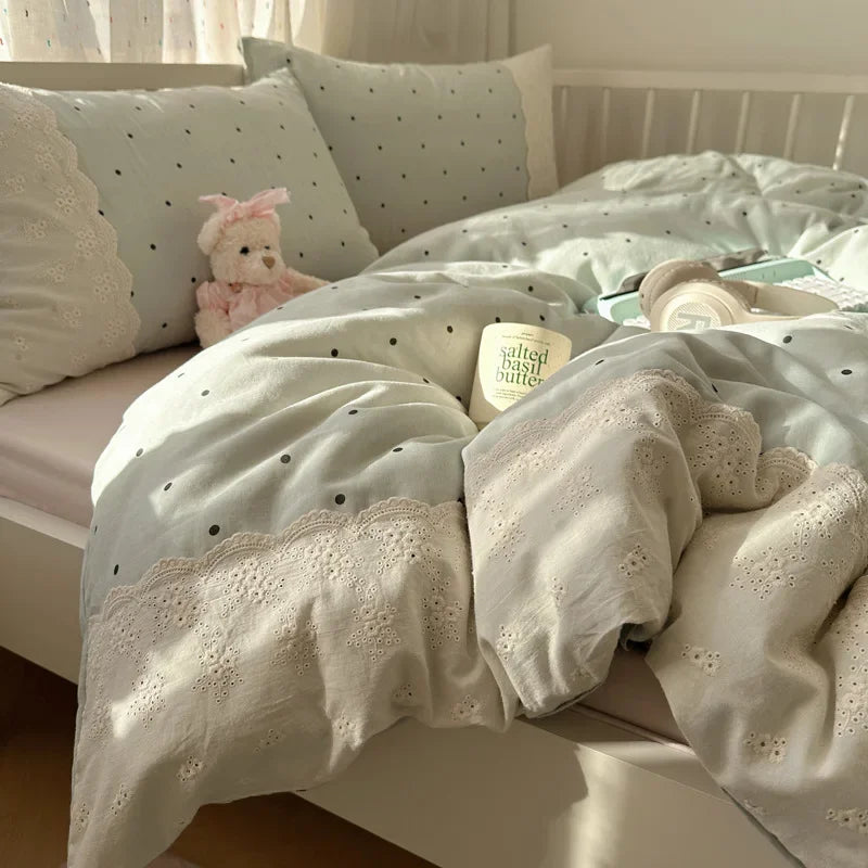 DecorBites™ French Lace Washed Cotton Bedding Sets for King Queen Beds